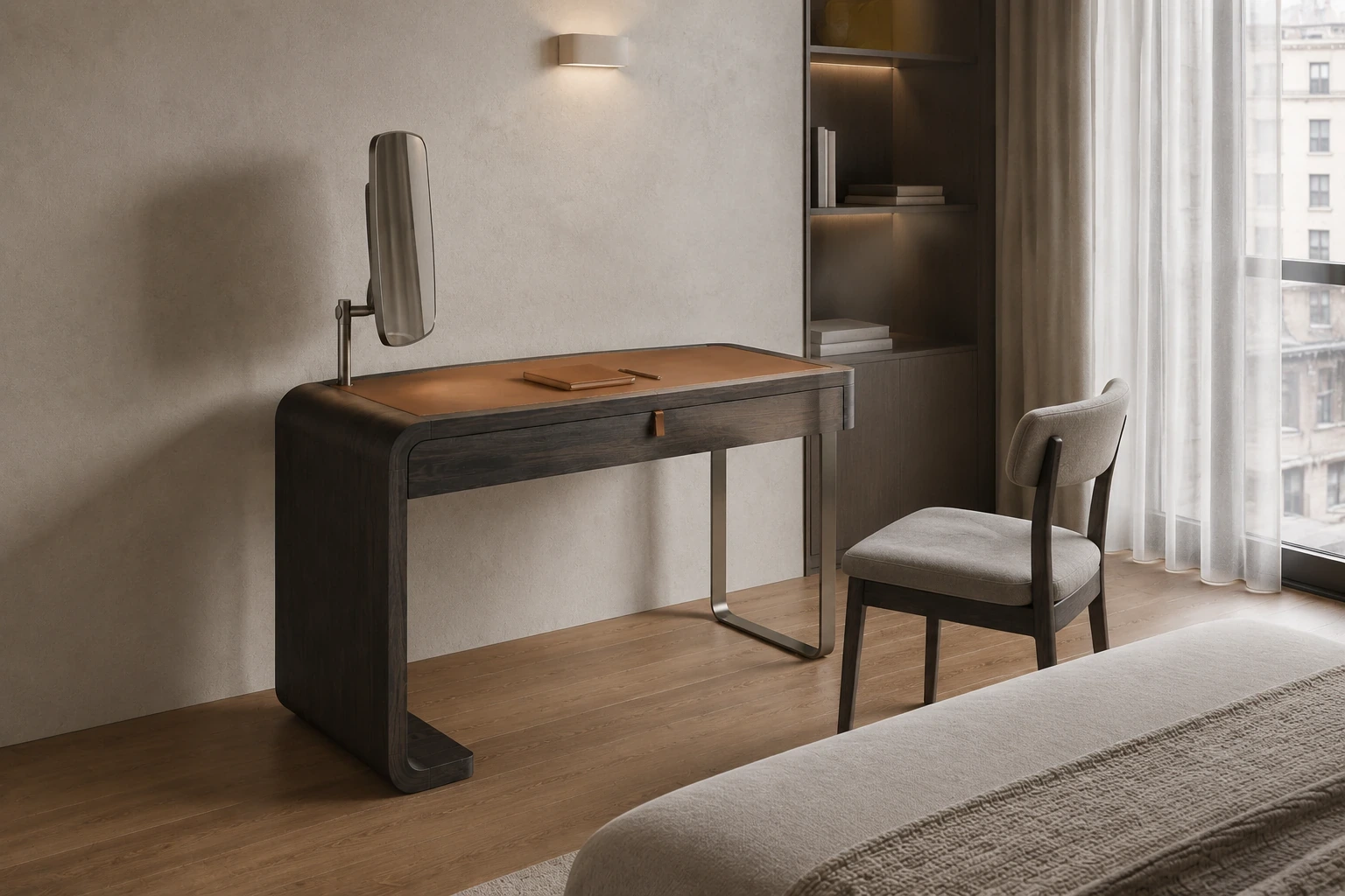 Rolling mirror walnut + Carrara vanity desk