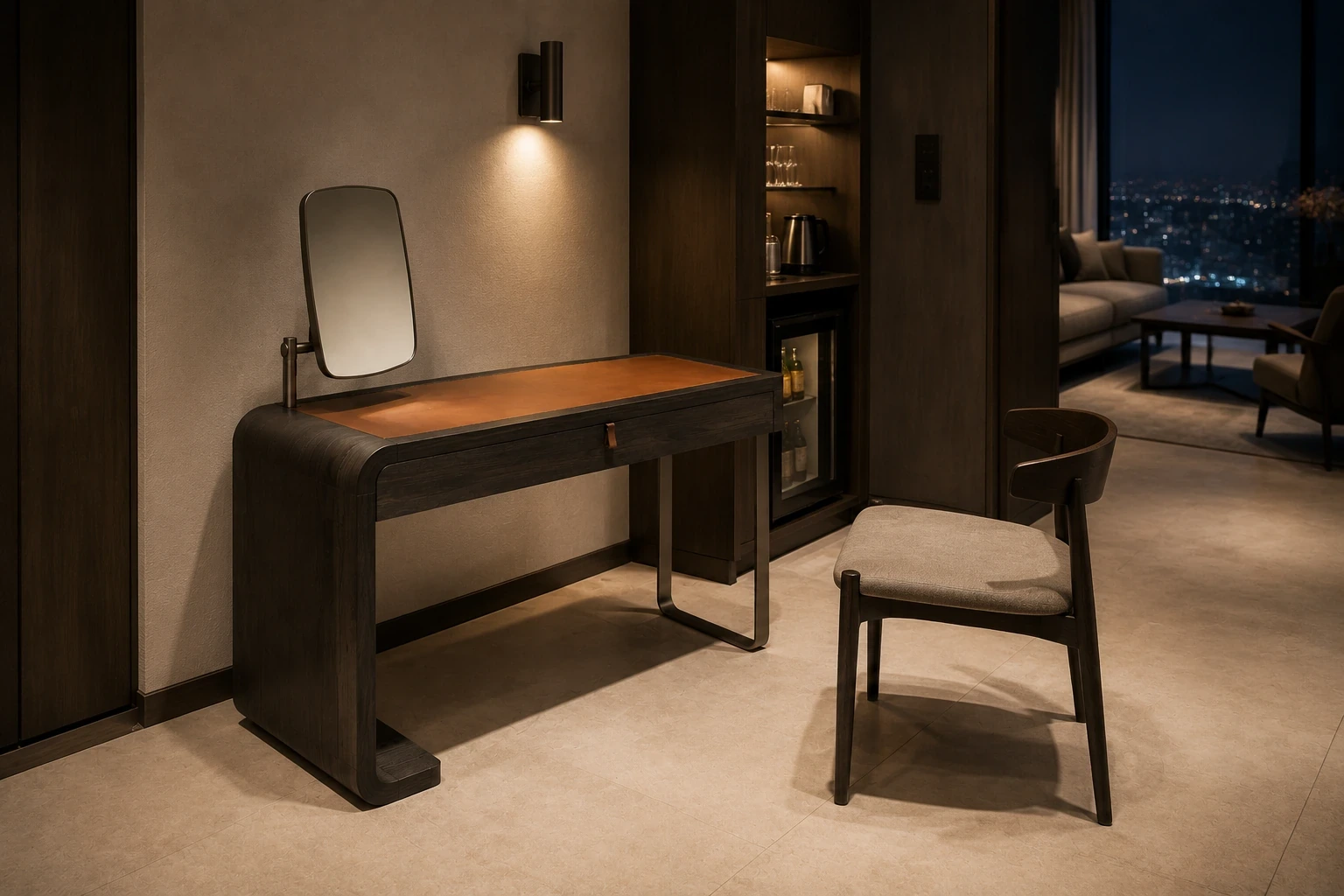 Rolling mirror walnut + Carrara vanity desk