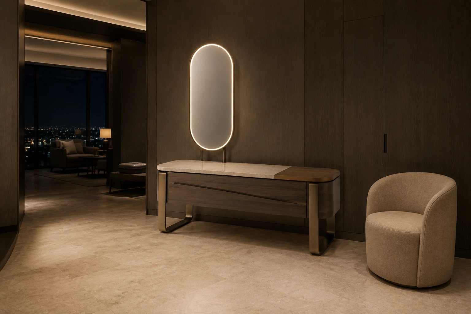 LED aynalı gizli bölmeli fluted vanity