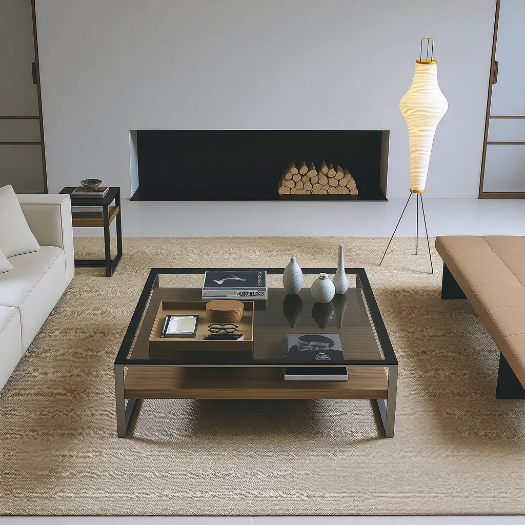 Cam üst + ahşap alt raflı coffee table