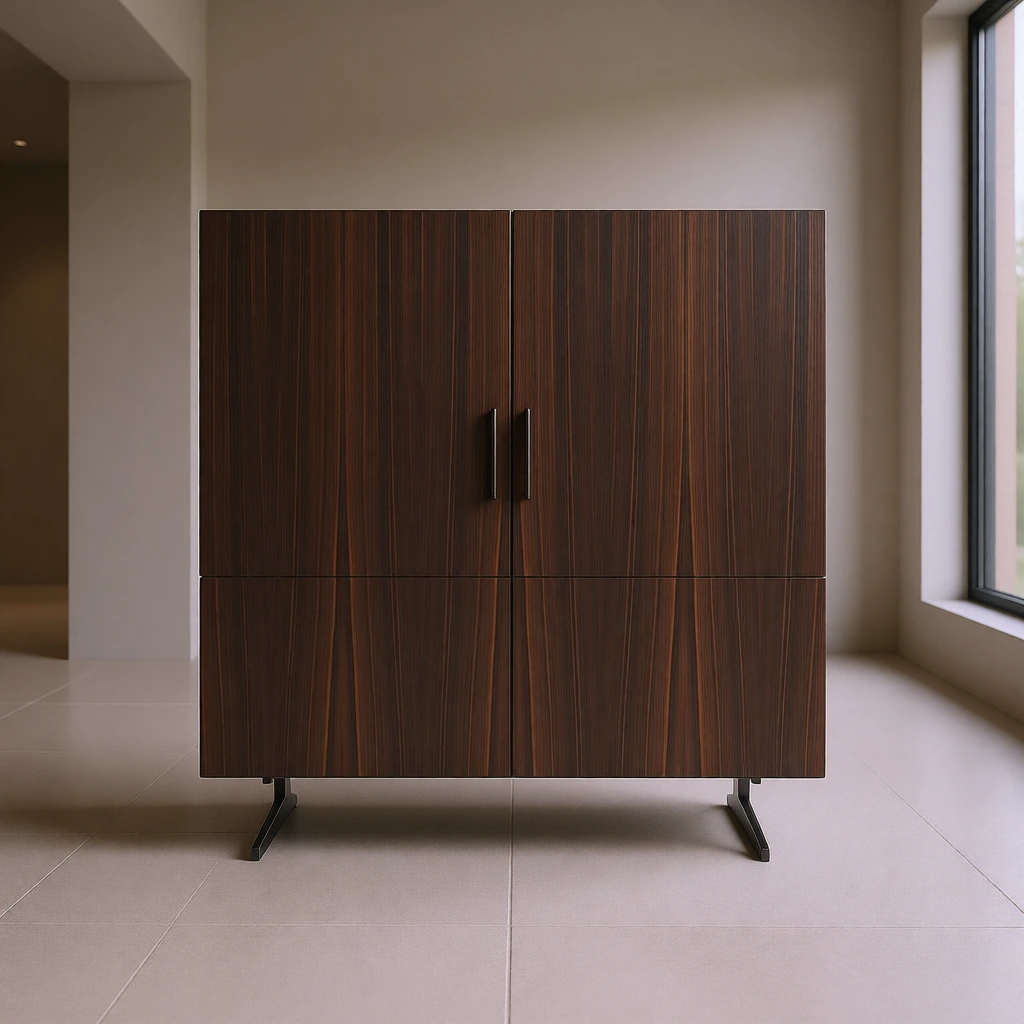 45° finger-pull handleless exotic-veneer cabinet