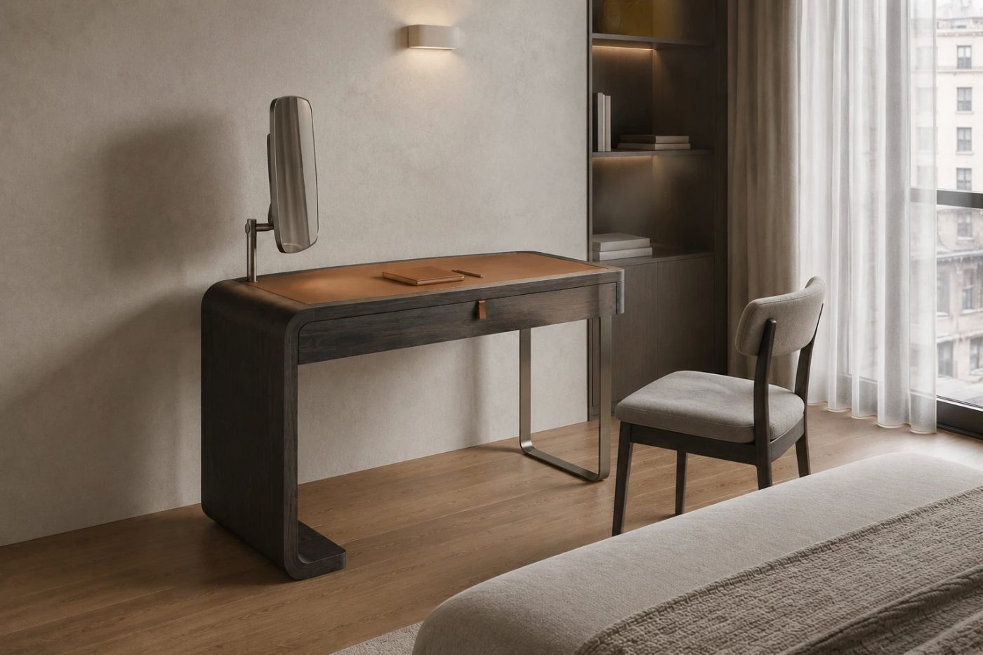 Rolling mirror walnut + Carrara vanity desk