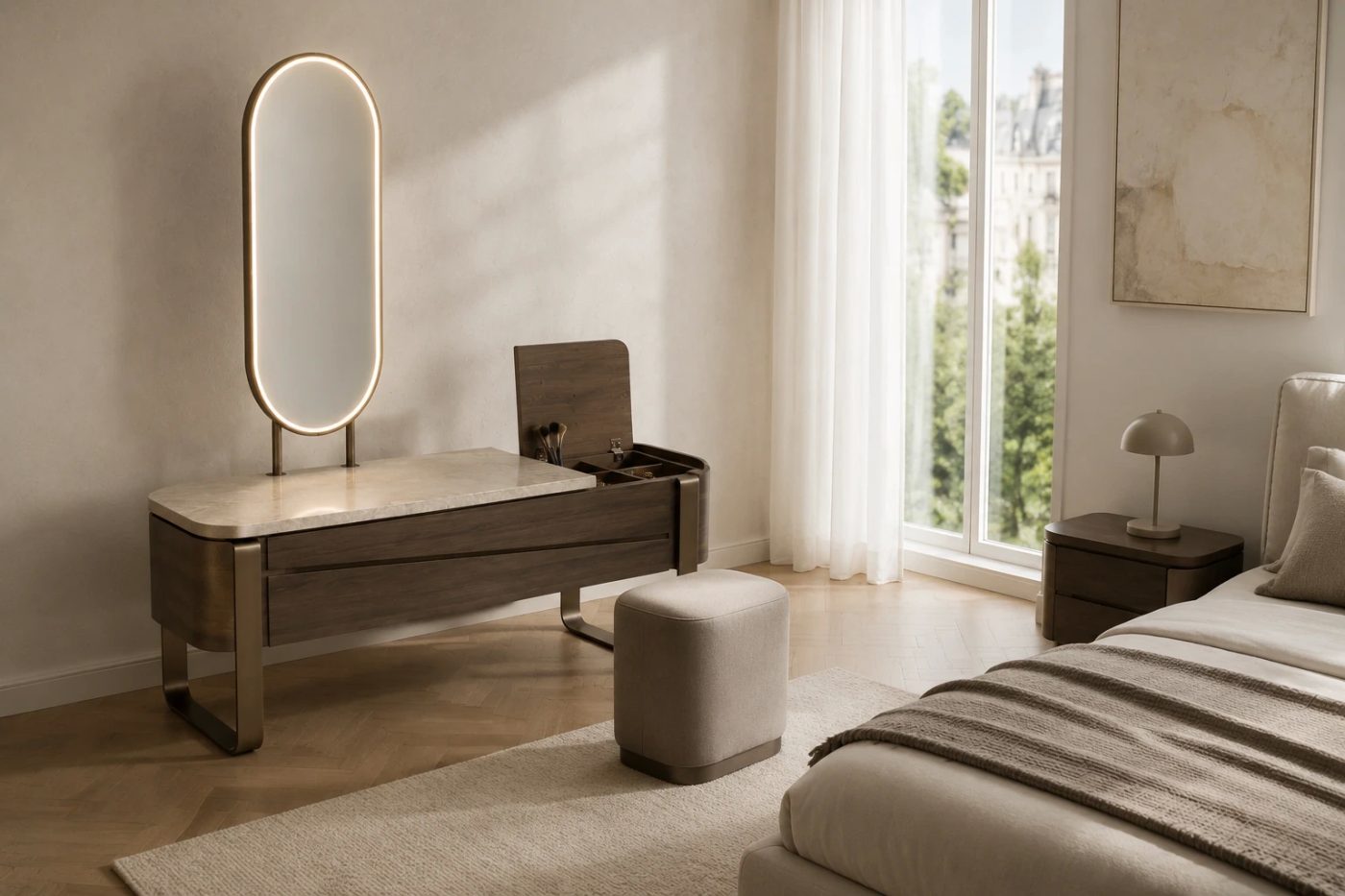 LED aynalı gizli bölmeli fluted vanity