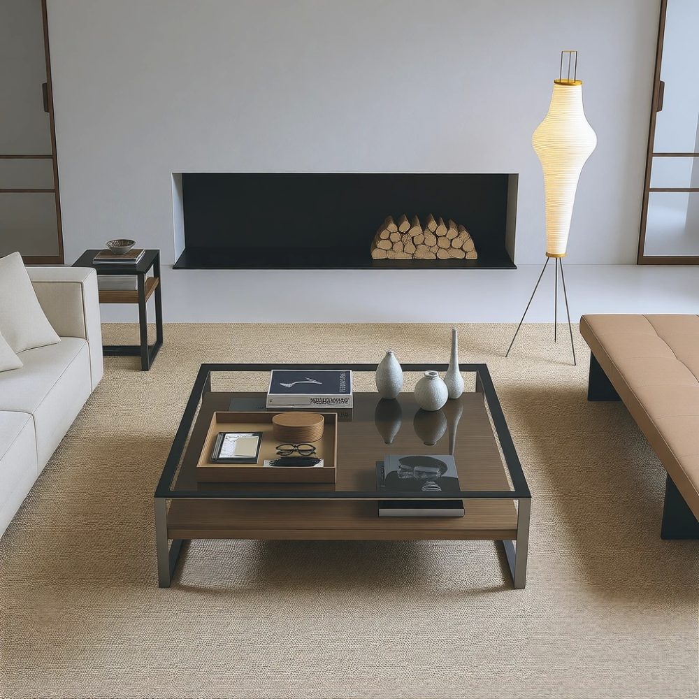 Cam üst + ahşap alt raflı coffee table