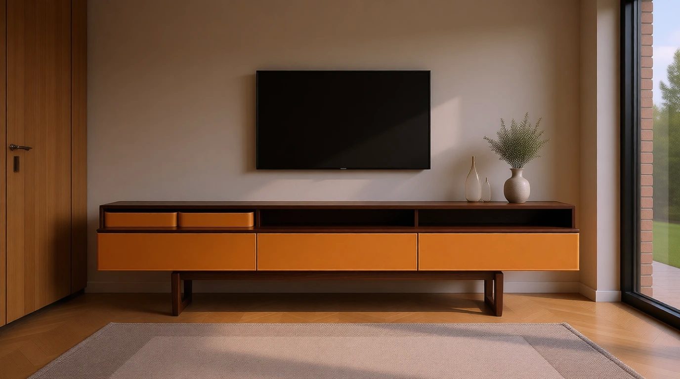 Açık AV bölmeleri + deri cepheli çekmeceli multimedia cabinet