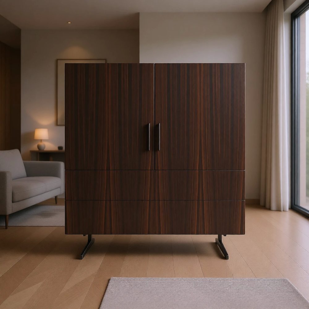 45° finger-pull handleless exotic-veneer cabinet